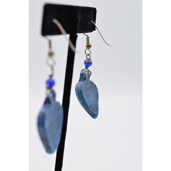 Vintage Heart Earrings Blue Painted Porcelain Dangle Valentine's 1980s Bin8 - Picture 7 of 8